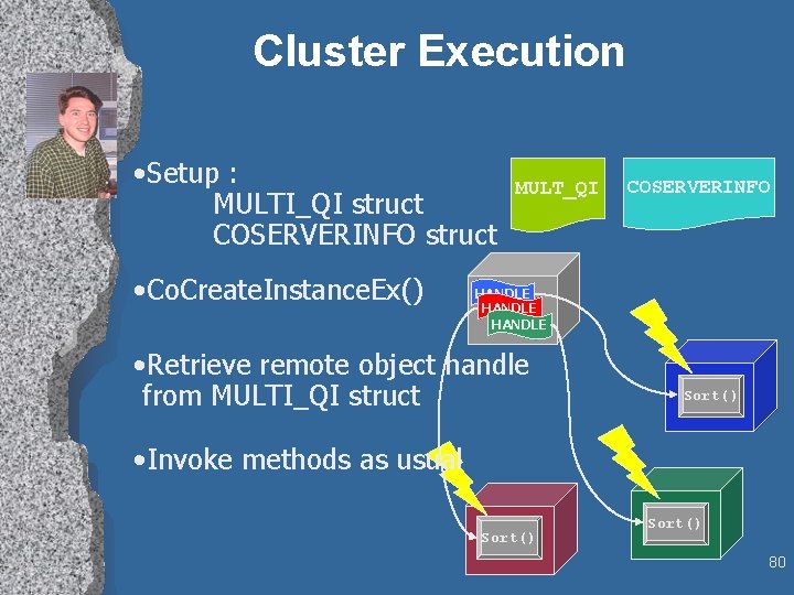 Cluster Execution • Setup : MULTI_QI struct COSERVERINFO struct • Co. Create. Instance. Ex()