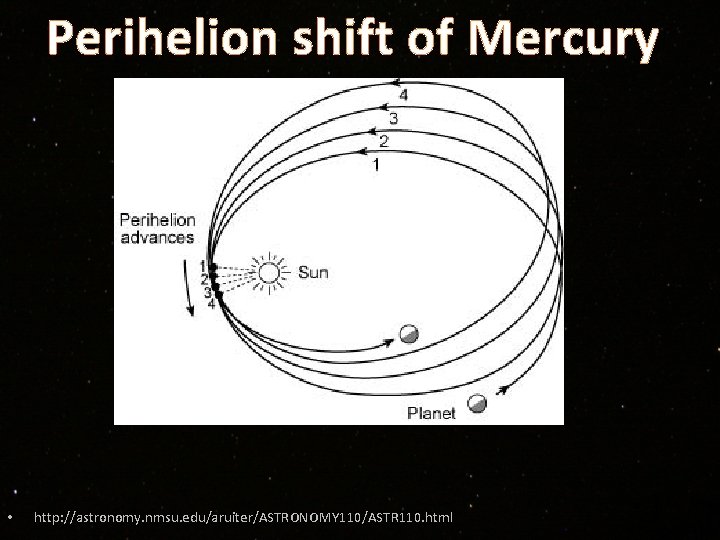 Perihelion shift of Mercury • http: //astronomy. nmsu. edu/aruiter/ASTRONOMY 110/ASTR 110. html 