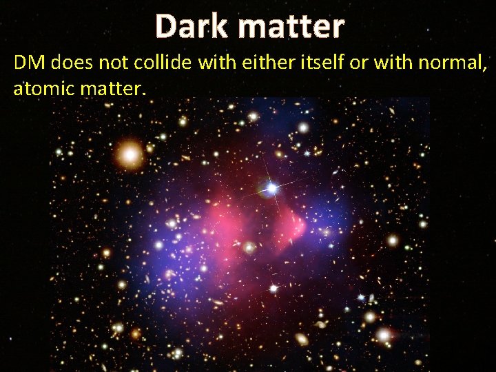 Dark matter DM does not collide with either itself or with normal, atomic matter.