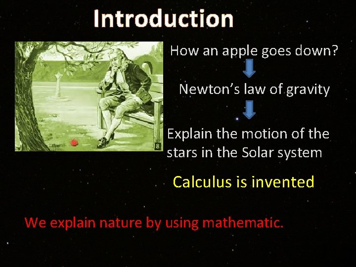 Introduction How an apple goes down? Newton’s law of gravity Explain the motion of
