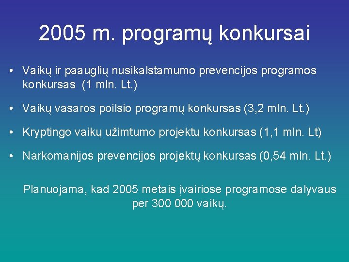 2005 m. programų konkursai • Vaikų ir paauglių nusikalstamumo prevencijos programos konkursas (1 mln.