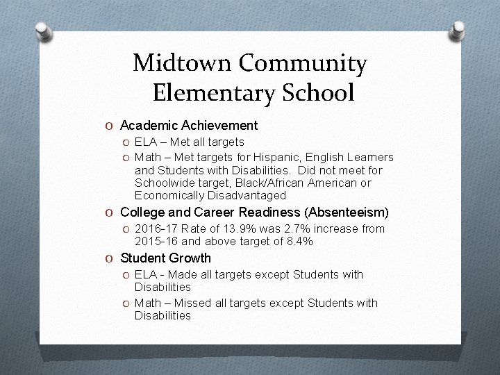 Midtown Community Elementary School O Academic Achievement O ELA – Met all targets O