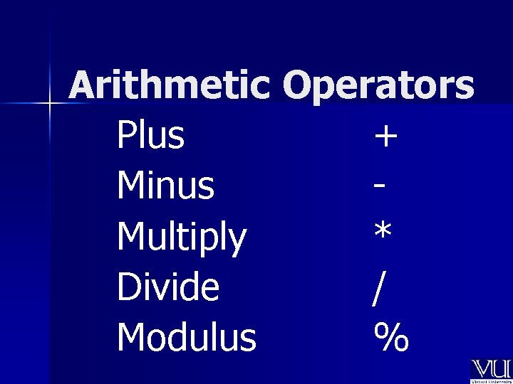 Arithmetic Operators Plus + Minus Multiply * Divide / Modulus % 