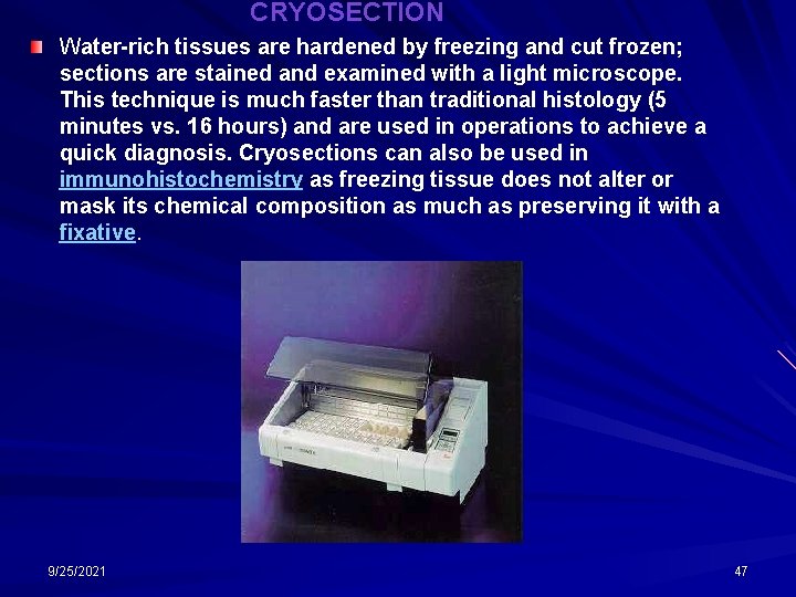 CRYOSECTION Water-rich tissues are hardened by freezing and cut frozen; sections are stained and
