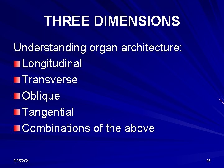 THREE DIMENSIONS Understanding organ architecture: Longitudinal Transverse Oblique Tangential Combinations of the above 9/25/2021