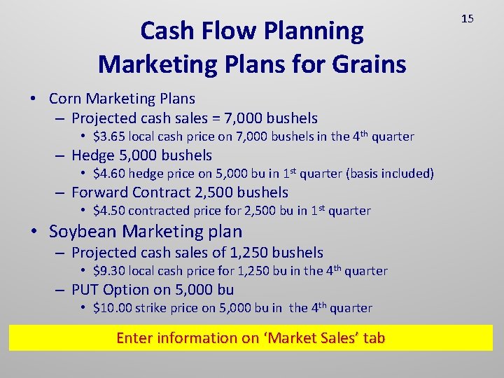 Cash Flow Planning Marketing Plans for Grains • Corn Marketing Plans – Projected cash