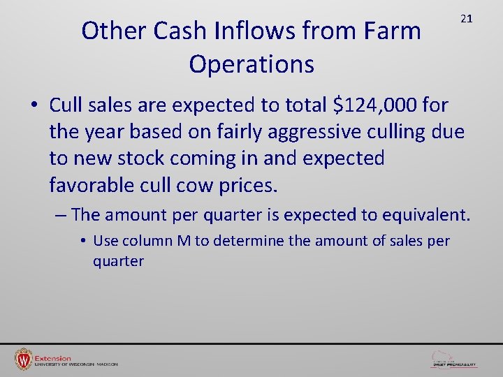 Other Cash Inflows from Farm Operations 21 • Cull sales are expected to total