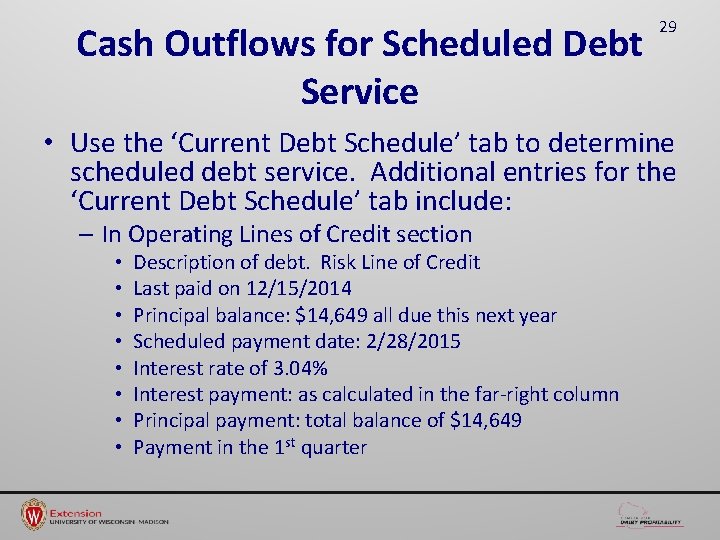 Cash Outflows for Scheduled Debt Service 29 • Use the ‘Current Debt Schedule’ tab