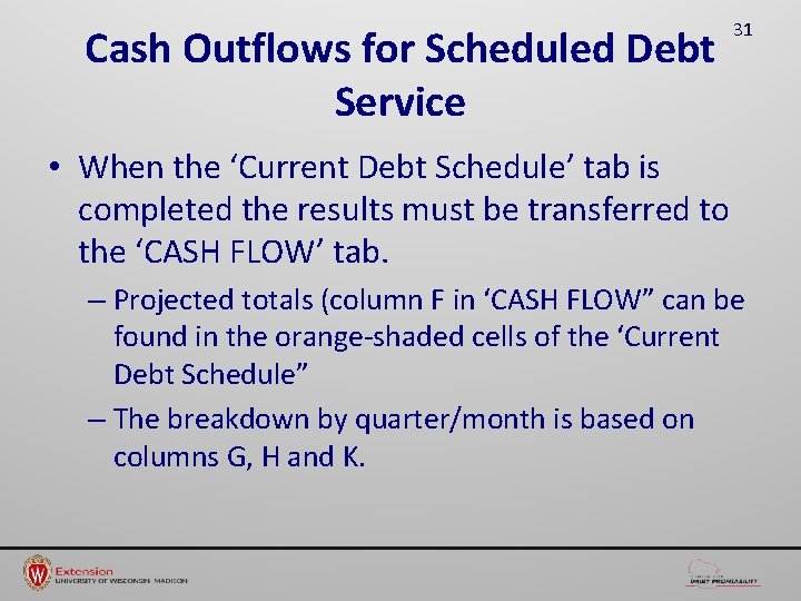 Cash Outflows for Scheduled Debt Service 31 • When the ‘Current Debt Schedule’ tab