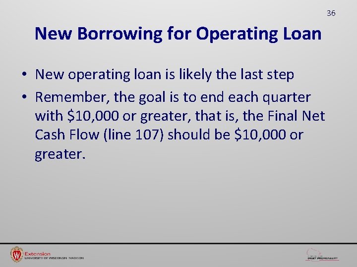 36 New Borrowing for Operating Loan • New operating loan is likely the last