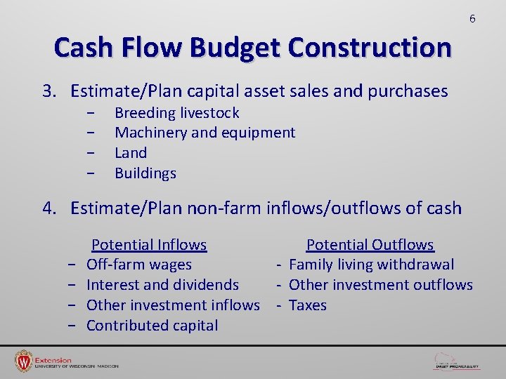 6 Cash Flow Budget Construction 3. Estimate/Plan capital asset sales and purchases − −