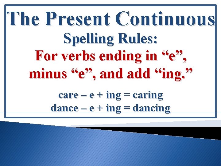 The Present Continuous Spelling Rules: For verbs ending in “e”, minus “e”, and add