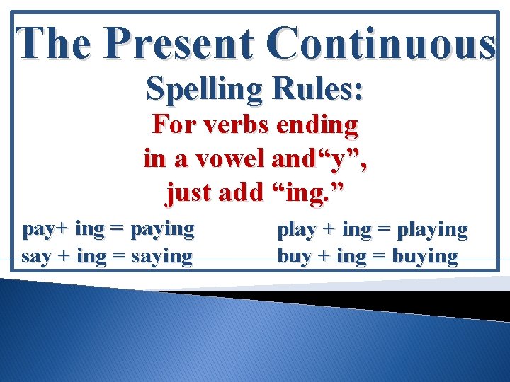 The Present Continuous Spelling Rules: For verbs ending in a vowel and“y”, just add