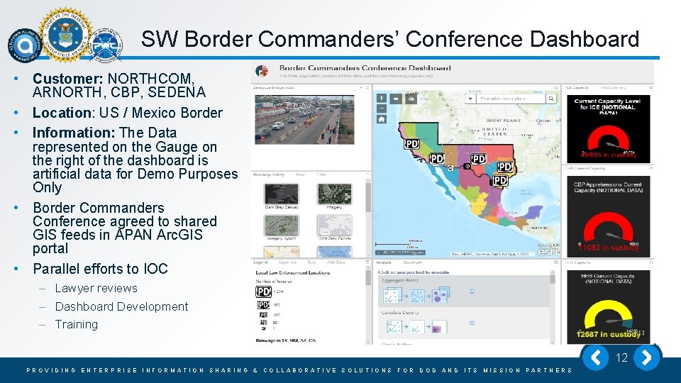 SW Border Commanders’ Conference Dashboard • Customer: NORTHCOM, ARNORTH, CBP, SEDENA • Location: US