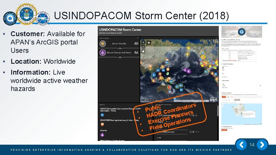 USINDOPACOM Storm Center (2018) • Customer: Available for APAN’s Arc. GIS portal Users •