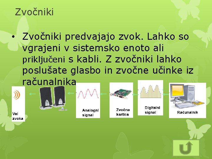 Zvočniki • Zvočniki predvajajo zvok. Lahko so vgrajeni v sistemsko enoto ali priključeni s