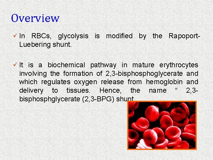 Overview ü In RBCs, glycolysis is modified by the Rapoport. Luebering shunt. ü It