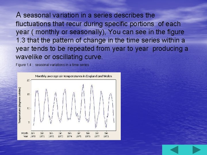 A seasonal variation in a series describes the fluctuations that recur during specific portions