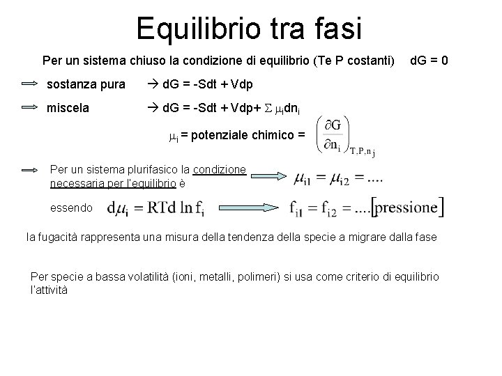 Equilibrio tra fasi Per un sistema chiuso la condizione di equilibrio (Te P costanti)