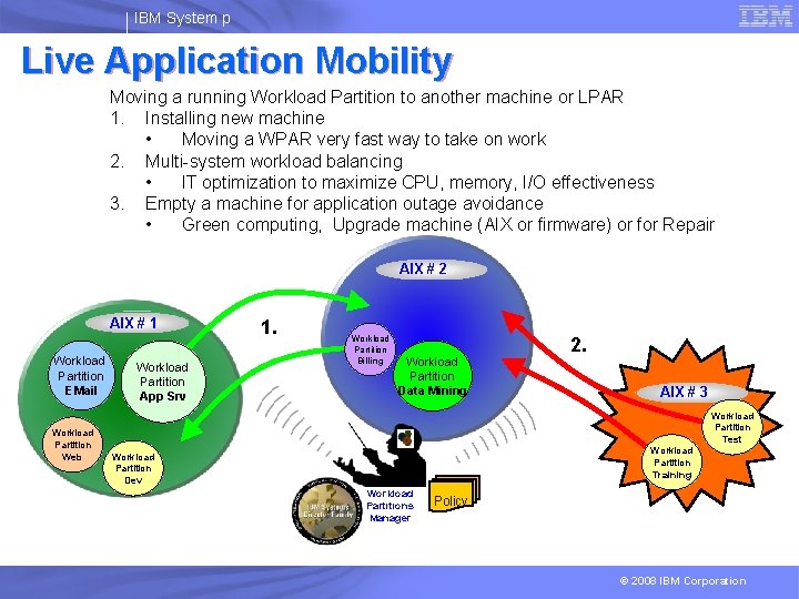 IBM System p Live Application Mobility Moving a running Workload Partition to another machine