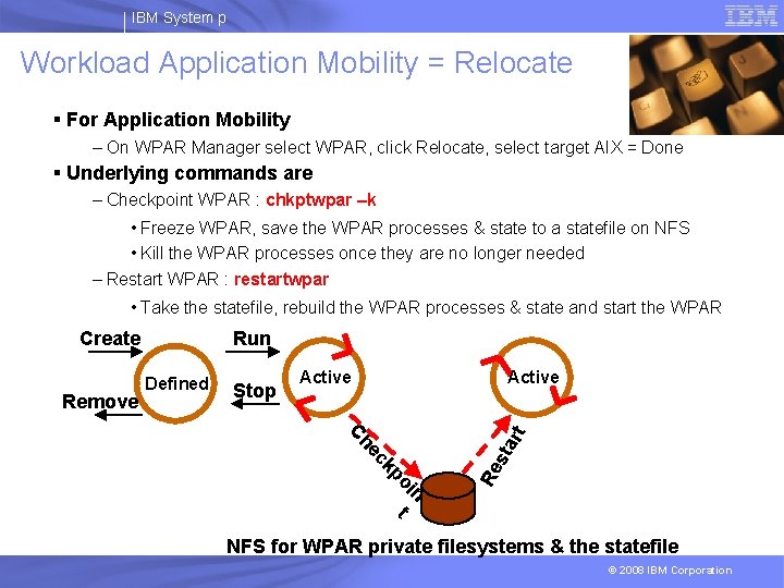 IBM System p Workload Application Mobility = Relocate § For Application Mobility – On