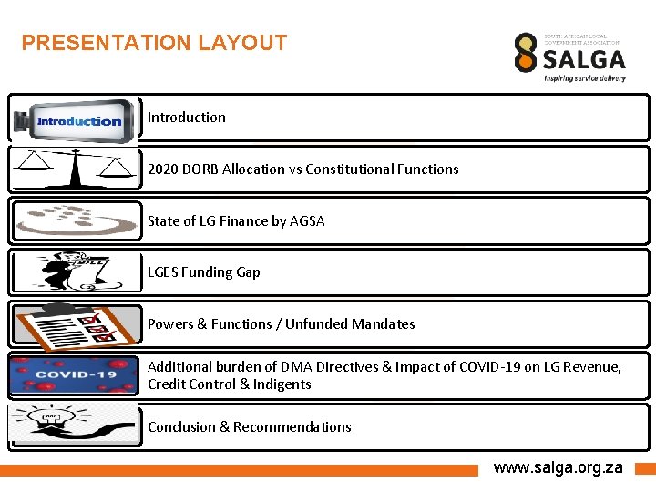 PRESENTATION LAYOUT Introduction 2020 DORB Allocation vs Constitutional Functions State of LG Finance by