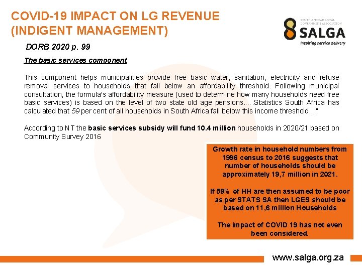 COVID-19 IMPACT ON LG REVENUE (INDIGENT MANAGEMENT) DORB 2020 p. 99 The basic services