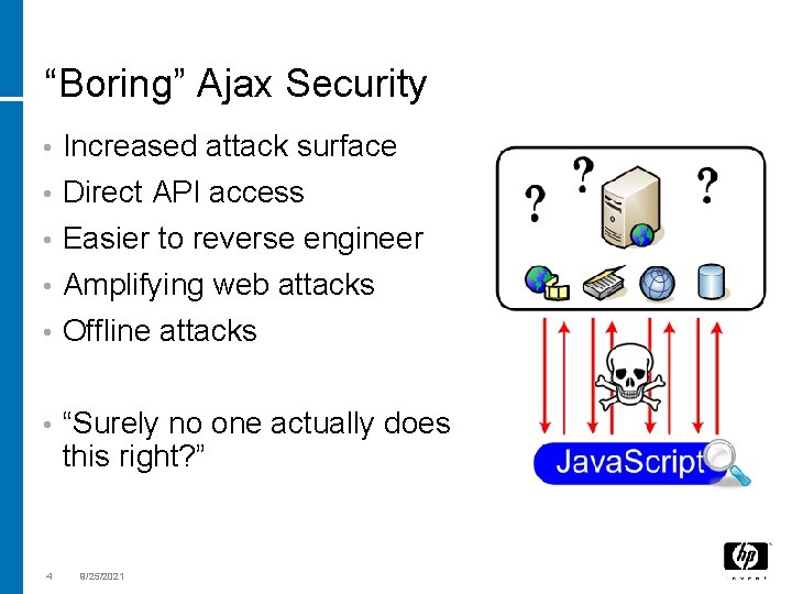 “Boring” Ajax Security • Increased attack surface • Direct API access Easier to reverse