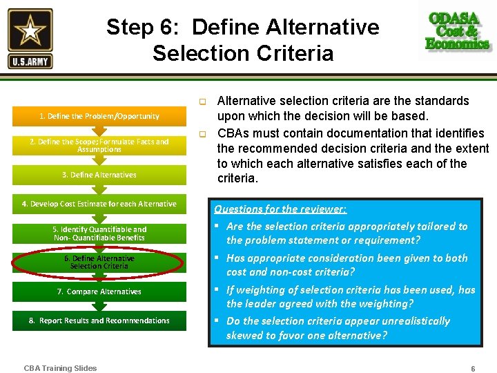 Step 6: Define Alternative Selection Criteria q 1. Define the Problem/Opportunity 2. Define the