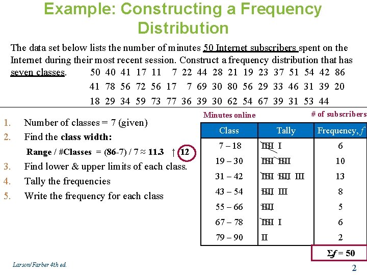 Example: Constructing a Frequency Distribution The data set below lists the number of minutes