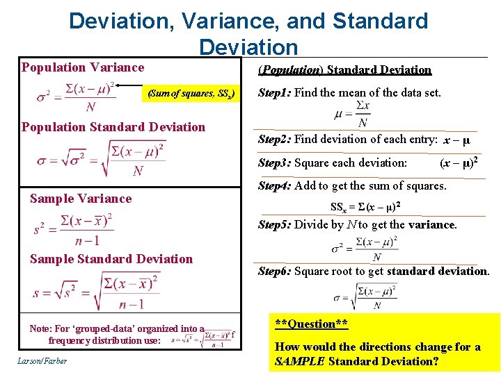 Deviation, Variance, and Standard Deviation Population Variance (Population) Standard Deviation (Sum of squares, SSx)