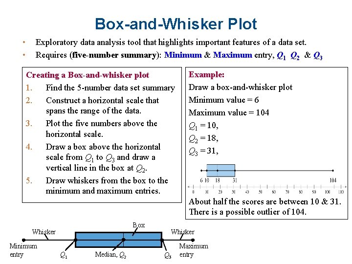 Box-and-Whisker Plot • • Exploratory data analysis tool that highlights important features of a
