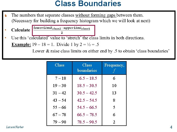 Class Boundaries • Larson/Farber Class boundaries Frequency, f 7 – 18 6. 5 –