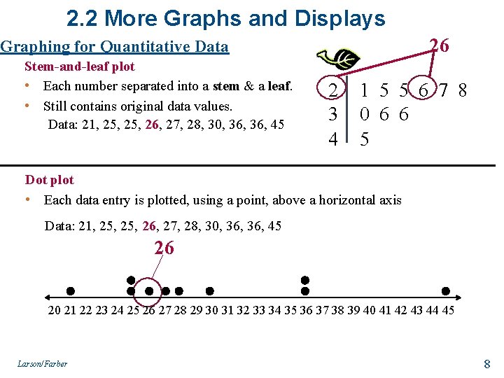 2. 2 More Graphs and Displays 26 Graphing for Quantitative Data Stem-and-leaf plot •