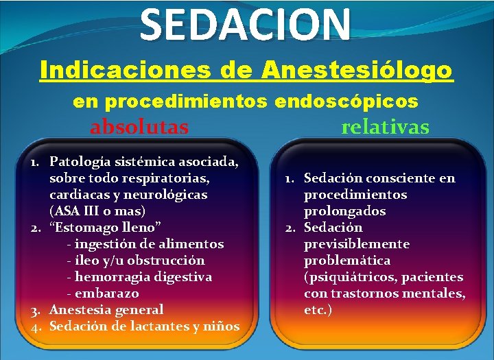SEDACION Indicaciones de Anestesiólogo en procedimientos endoscópicos absolutas 1. Patología sistémica asociada, sobre todo