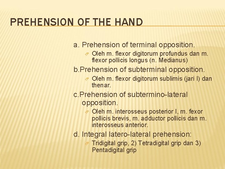 PREHENSION OF THE HAND a. Prehension of terminal opposition. Oleh m. flexor digitorum profundus