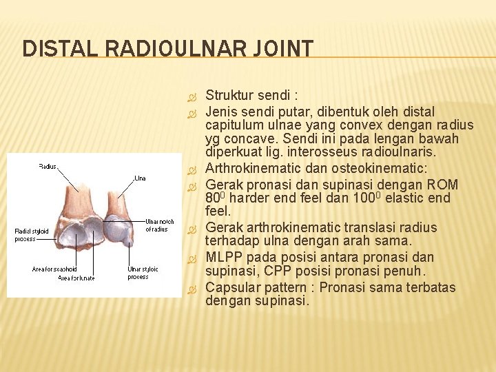 DISTAL RADIOULNAR JOINT Struktur sendi : Jenis sendi putar, dibentuk oleh distal capitulum ulnae