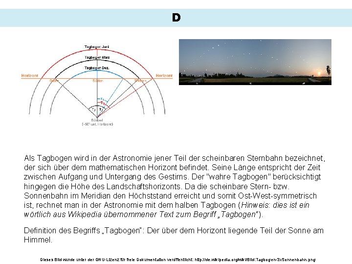 D Als Tagbogen wird in der Astronomie jener Teil der scheinbaren Sternbahn bezeichnet, der