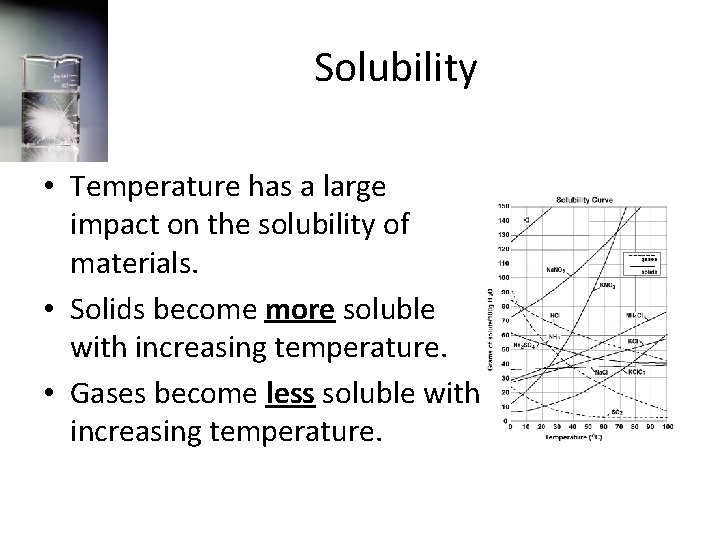 Solubility • Temperature has a large impact on the solubility of materials. • Solids