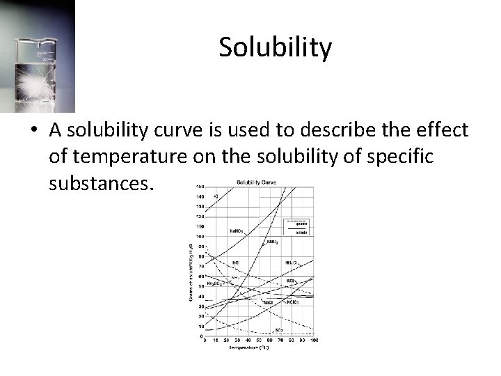 Solubility • A solubility curve is used to describe the effect of temperature on