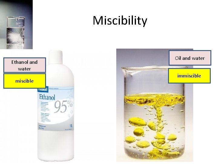 Miscibility Ethanol and water miscible Oil and water immiscible 