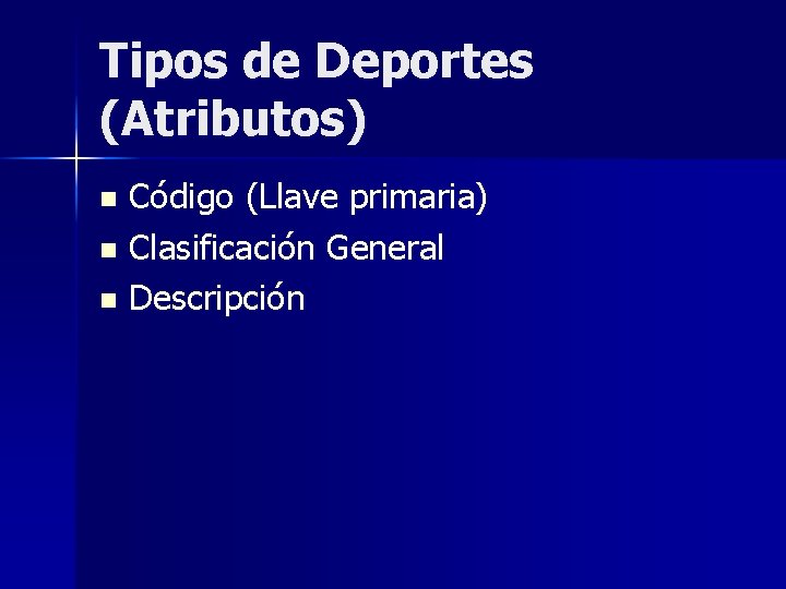 Tipos de Deportes (Atributos) Código (Llave primaria) n Clasificación General n Descripción n 
