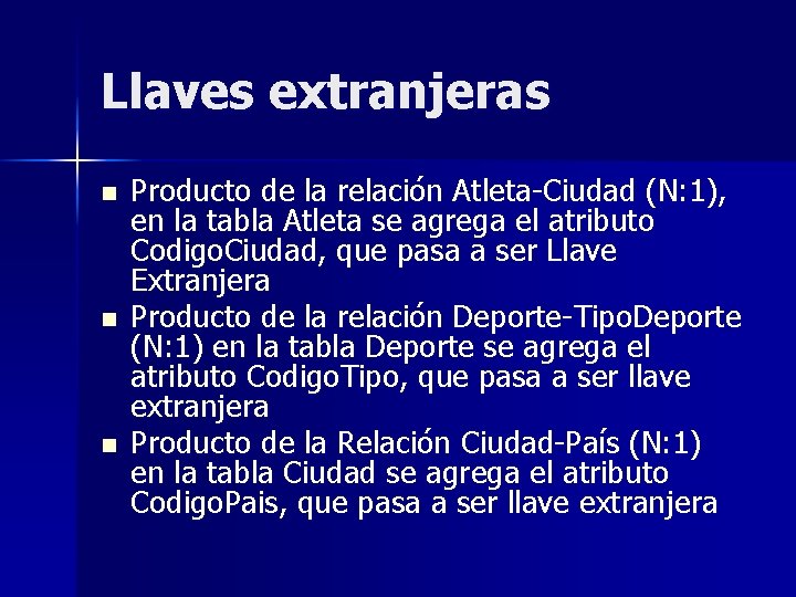 Llaves extranjeras n n n Producto de la relación Atleta-Ciudad (N: 1), en la