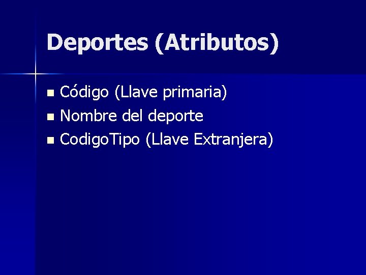 Deportes (Atributos) Código (Llave primaria) n Nombre del deporte n Codigo. Tipo (Llave Extranjera)
