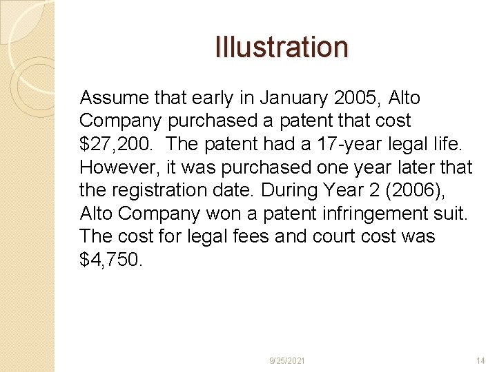Illustration Assume that early in January 2005, Alto Company purchased a patent that cost