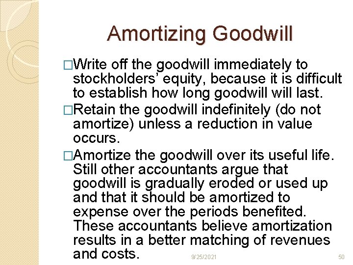 Amortizing Goodwill �Write off the goodwill immediately to stockholders’ equity, because it is difficult