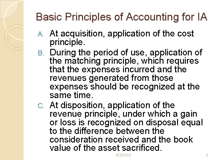 Basic Principles of Accounting for IA At acquisition, application of the cost principle. B.