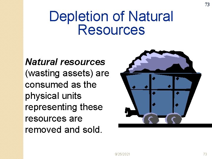 73 Depletion of Natural Resources Natural resources (wasting assets) are consumed as the physical