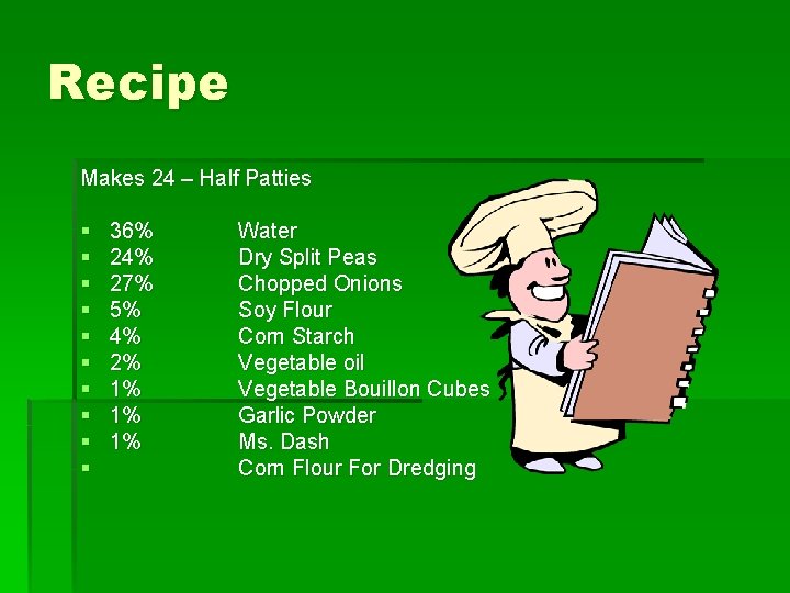Recipe Makes 24 – Half Patties § § § § § 36% 24% 27%