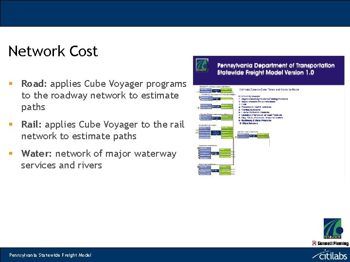 Network Cost § Road: applies Cube Voyager programs to the roadway network to estimate